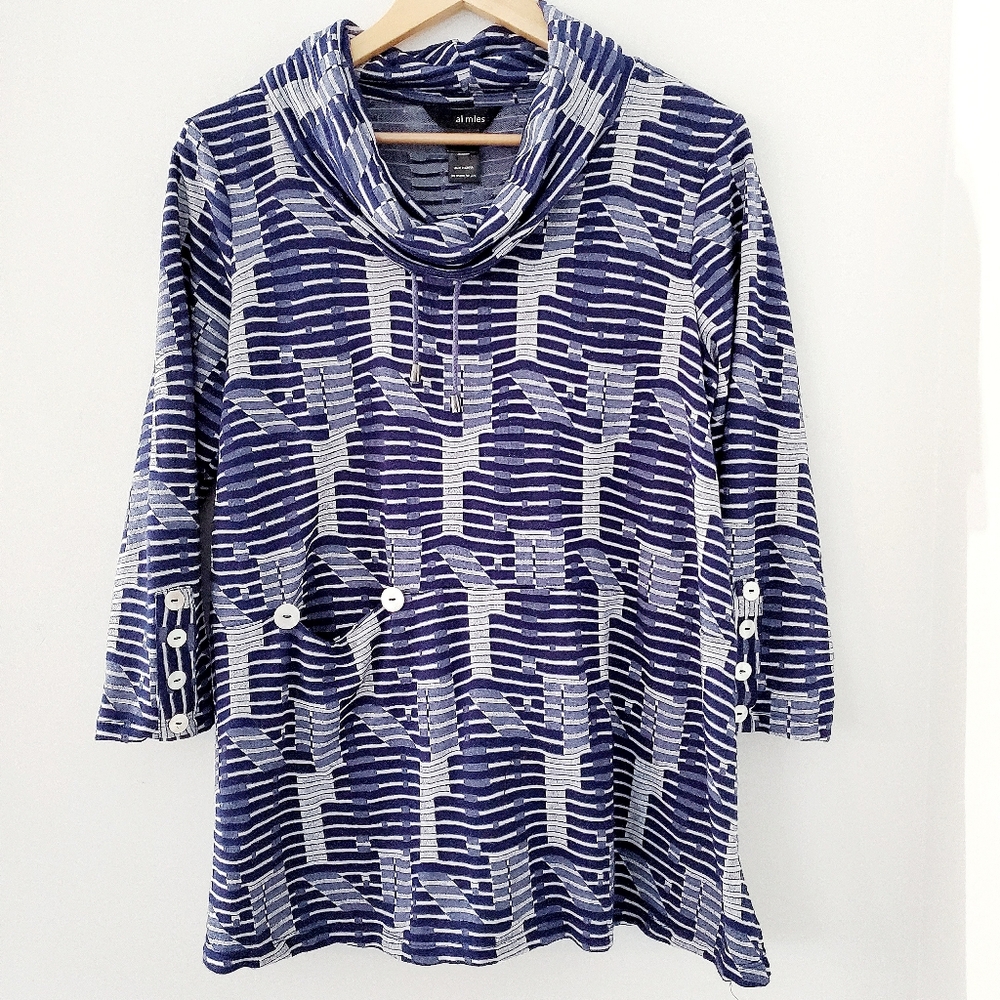 ALI MILES M Blue Geo Print Tunic Top 3/4 Sleeve Cowl Neckline Artsy Coastal EUC